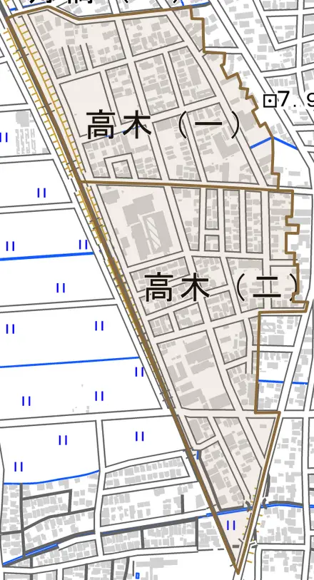 高木とその周辺の地図。町の範囲を重ねている