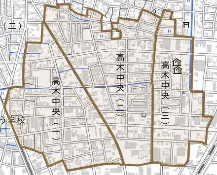 高木中央とその周辺の地図。町の範囲を重ねている