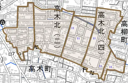 高木北とその周辺の地図。町の範囲を重ねている