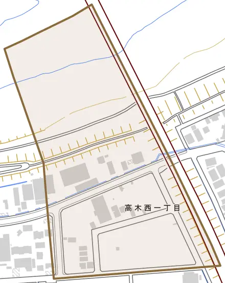 高木西とその周辺の地図。町の範囲を重ねている