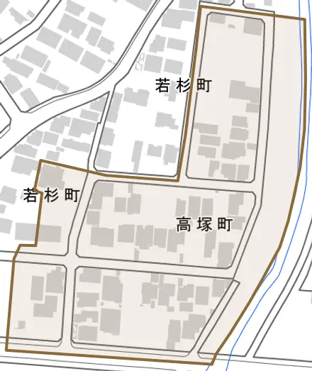 高塚町とその周辺の地図。町の範囲を重ねている