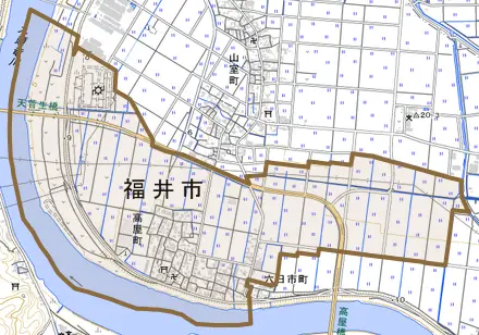 高屋町とその周辺の地図。町の範囲を重ねている