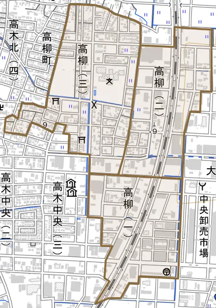 高柳とその周辺の地図。町の範囲を重ねている