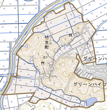 竹生町とその周辺の地図。町の範囲を重ねている