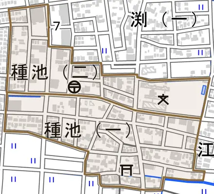 種池とその周辺の地図。町の範囲を重ねている