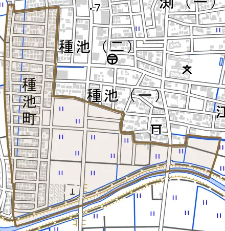 種池町とその周辺の地図。町の範囲を重ねている