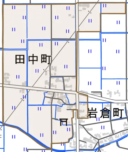 田中町とその周辺の地図。町の範囲を重ねている