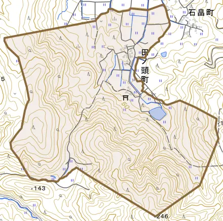 田ノ頭町とその周辺の地図。町の範囲を重ねている