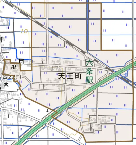 天王町とその周辺の地図。町の範囲を重ねている