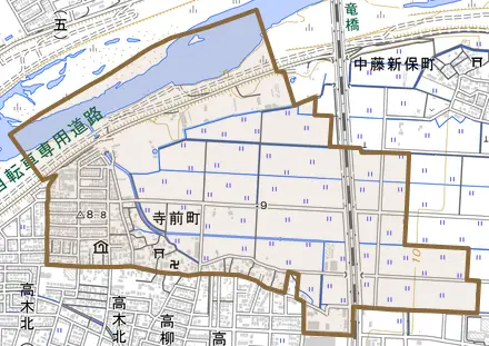 寺前町とその周辺の地図。町の範囲を重ねている
