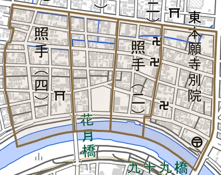 照手とその周辺の地図。町の範囲を重ねている
