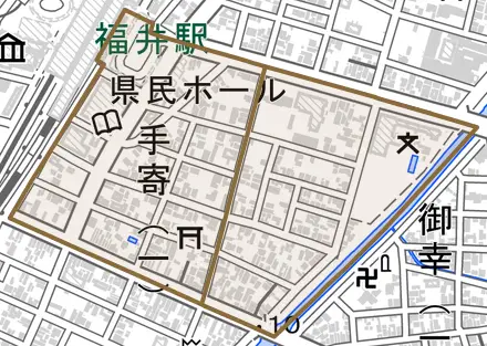 手寄とその周辺の地図。町の範囲を重ねている