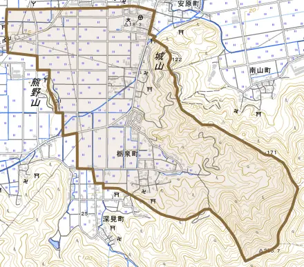 栃泉町とその周辺の地図。町の範囲を重ねている