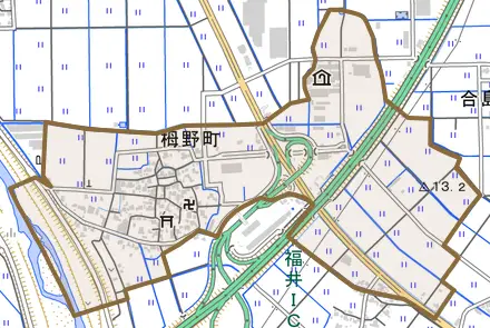 栂野町とその周辺の地図。町の範囲を重ねている