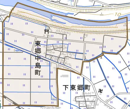 東郷中島町とその周辺の地図。町の範囲を重ねている