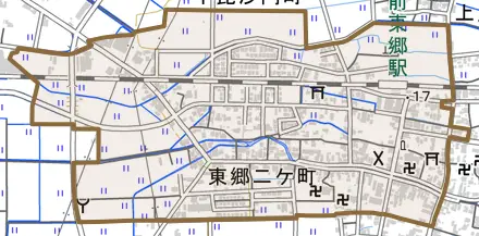 東郷二ケ町とその周辺の地図。町の範囲を重ねている