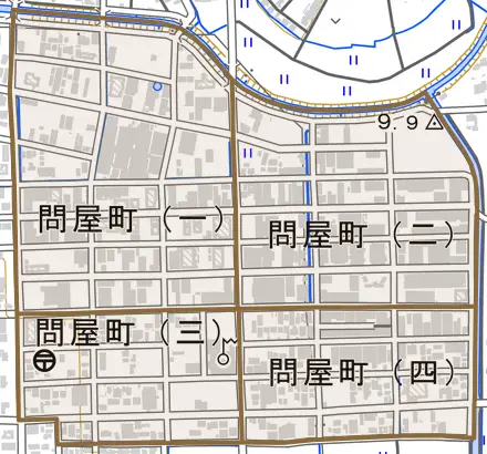 問屋町とその周辺の地図。町の範囲を重ねている