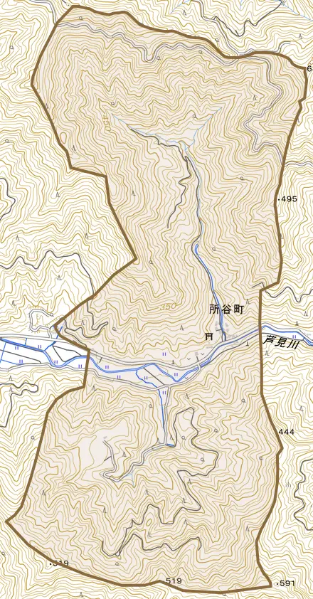所谷町とその周辺の地図。町の範囲を重ねている