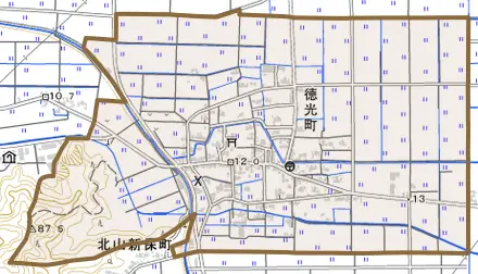 徳光町とその周辺の地図。町の範囲を重ねている