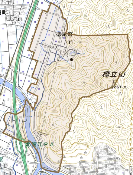 徳尾町とその周辺の地図。町の範囲を重ねている