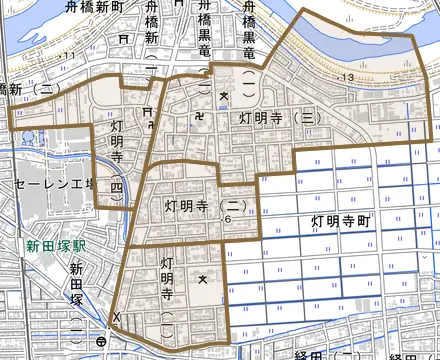 灯明寺とその周辺の地図。町の範囲を重ねている