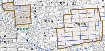 灯明寺町とその周辺の地図。町の範囲を重ねている