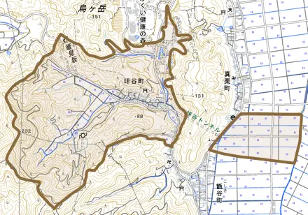 坪谷町とその周辺の地図。町の範囲を重ねている