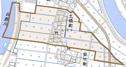 土橋町とその周辺の地図。町の範囲を重ねている