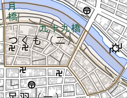 つくもとその周辺の地図。町の範囲を重ねている