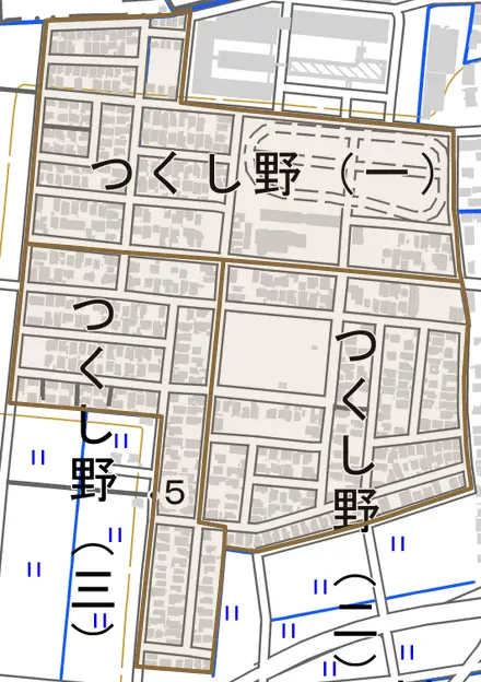 つくし野とその周辺の地図。町の範囲を重ねている