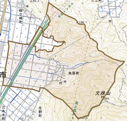 角原町とその周辺の地図。町の範囲を重ねている