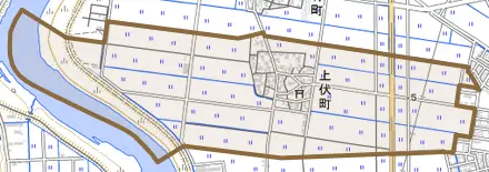 上伏町とその周辺の地図。町の範囲を重ねている