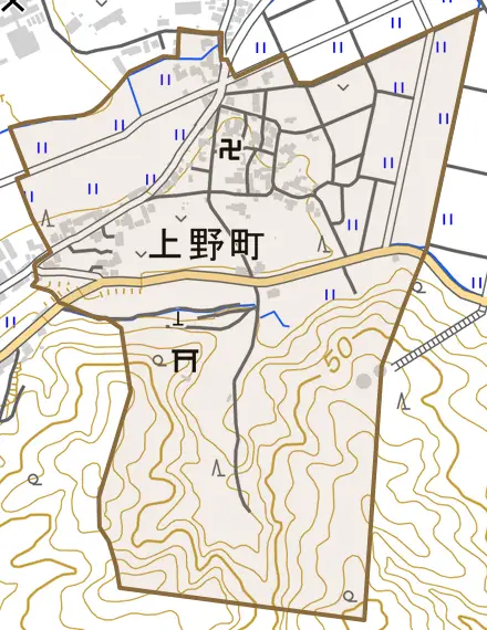 上野町とその周辺の地図。町の範囲を重ねている