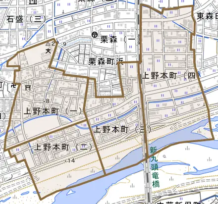 上野本町とその周辺の地図。町の範囲を重ねている