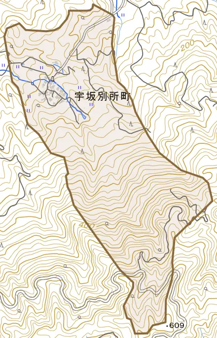 宇坂別所町とその周辺の地図。町の範囲を重ねている