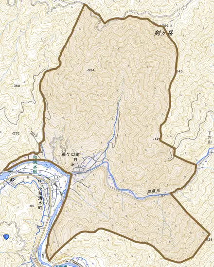 獺ケ口町とその周辺の地図。町の範囲を重ねている