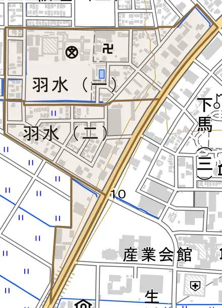 羽水とその周辺の地図。町の範囲を重ねている