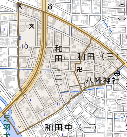 和田とその周辺の地図。町の範囲を重ねている