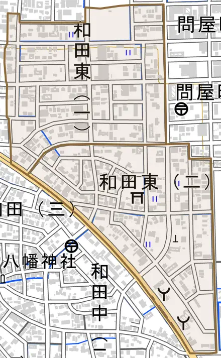 和田東とその周辺の地図。町の範囲を重ねている