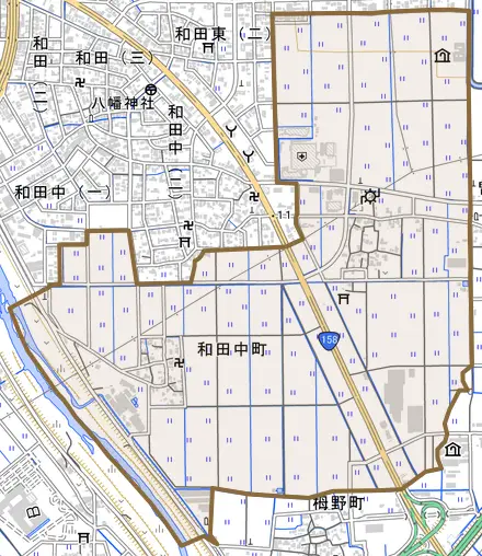 和田中町とその周辺の地図。町の範囲を重ねている