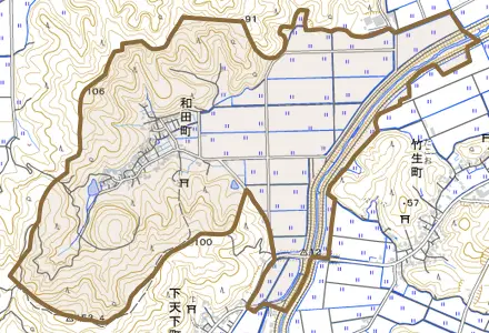 和田町とその周辺の地図。町の範囲を重ねている