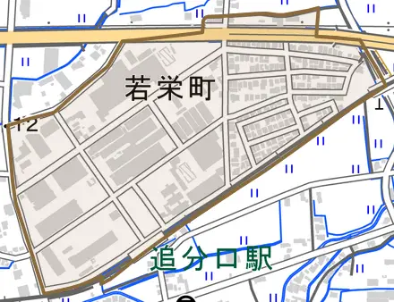 若栄町とその周辺の地図。町の範囲を重ねている