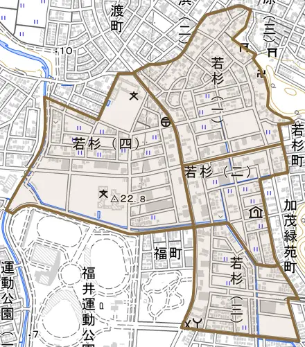 若杉とその周辺の地図。町の範囲を重ねている