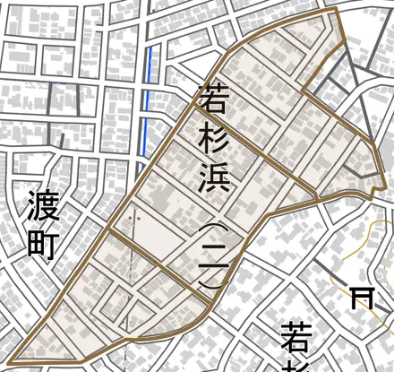 若杉浜とその周辺の地図。町の範囲を重ねている