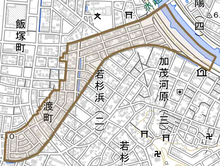 渡町とその周辺の地図。町の範囲を重ねている