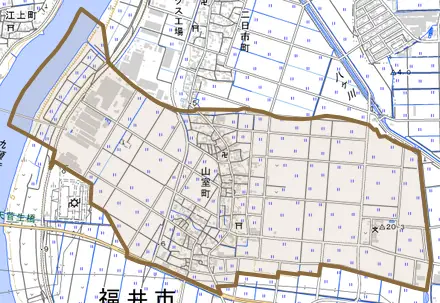 山室町とその周辺の地図。町の範囲を重ねている