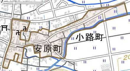 安原町とその周辺の地図。町の範囲を重ねている