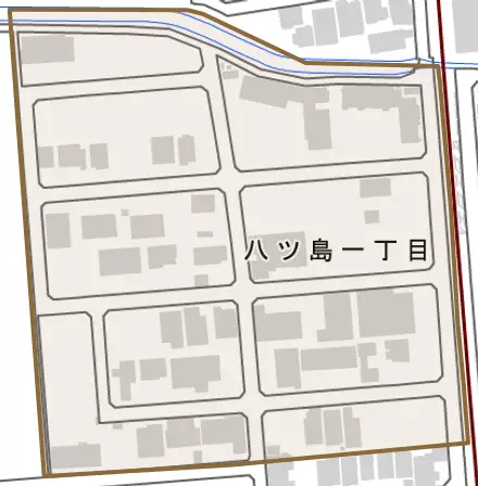 八ツ島とその周辺の地図。町の範囲を重ねている