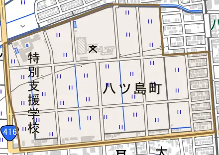 八ツ島町とその周辺の地図。町の範囲を重ねている