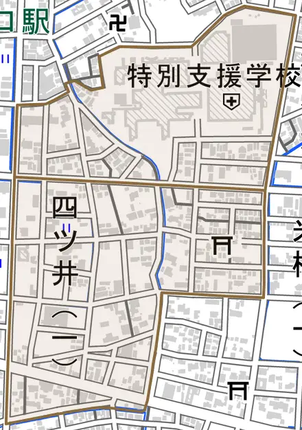 四ツ井とその周辺の地図。町の範囲を重ねている